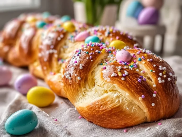 Freshly baked Easter Bread topped with colorful decorations.