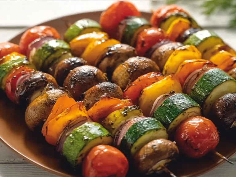 Colorful easy balsamic vegetable kebabs on the grill.