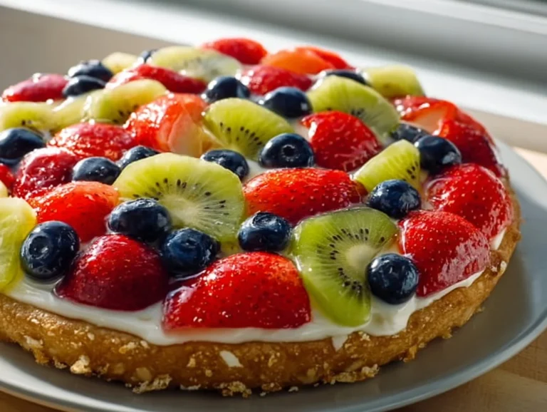 Colorful easy fruit pizza topped with fresh fruits and cream cheese frosting.