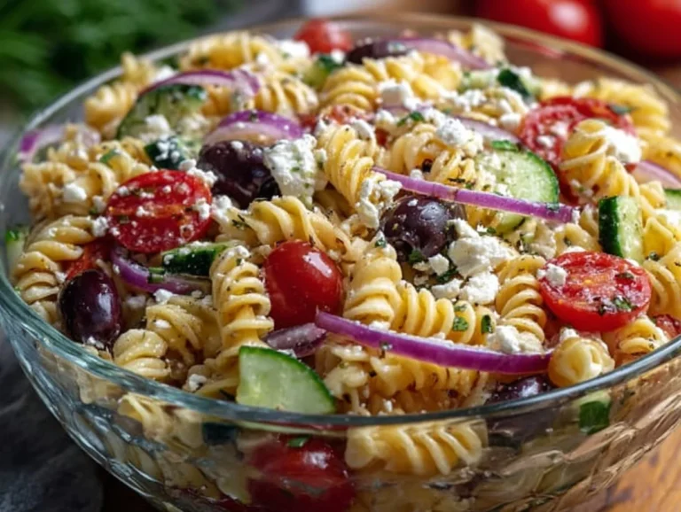 Delicious Easy Greek Pasta Salad with fresh vegetables and feta cheese