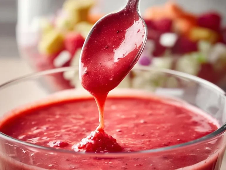 Bottle of easy raspberry vinaigrette dressing on a kitchen counter