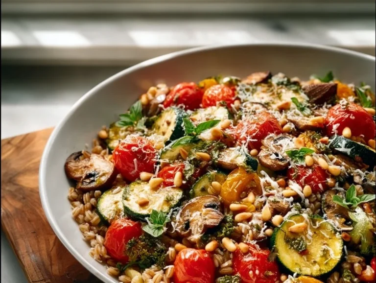 A vibrant Farro Salad with blistered tomatoes and fresh pesto on a plate.