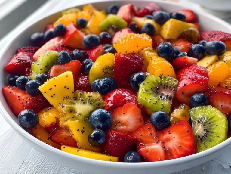 Fresh fruit salad with honey lime poppy seed dressing in a serving bowl