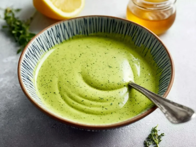 Bowl of fresh Lemon Herb Tahini Sauce garnished with herbs