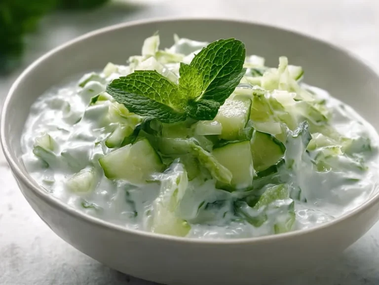 Grated cucumber and mint raita served in a bowl with fresh mint leaves.