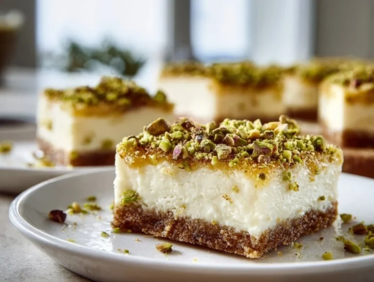 Greek Honey Pistachio Cheesecake Bars topped with crushed pistachios and honey drizzle.