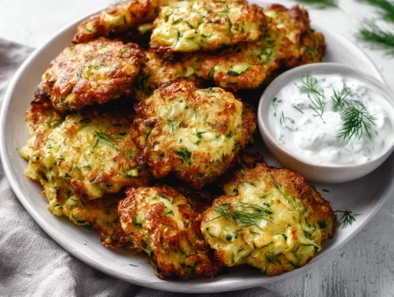 Plate of golden brown Greek zucchini fritters topped with herbs.