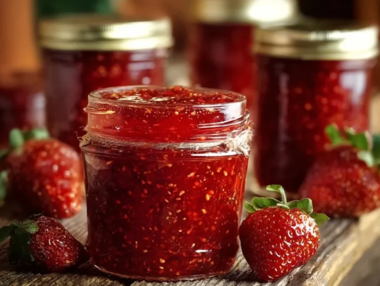 Homemade strawberry freezer jam in a glass jar