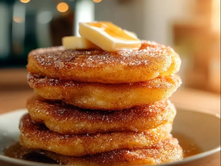 Delicious churro pancakes dusted with cinnamon sugar and served on a plate