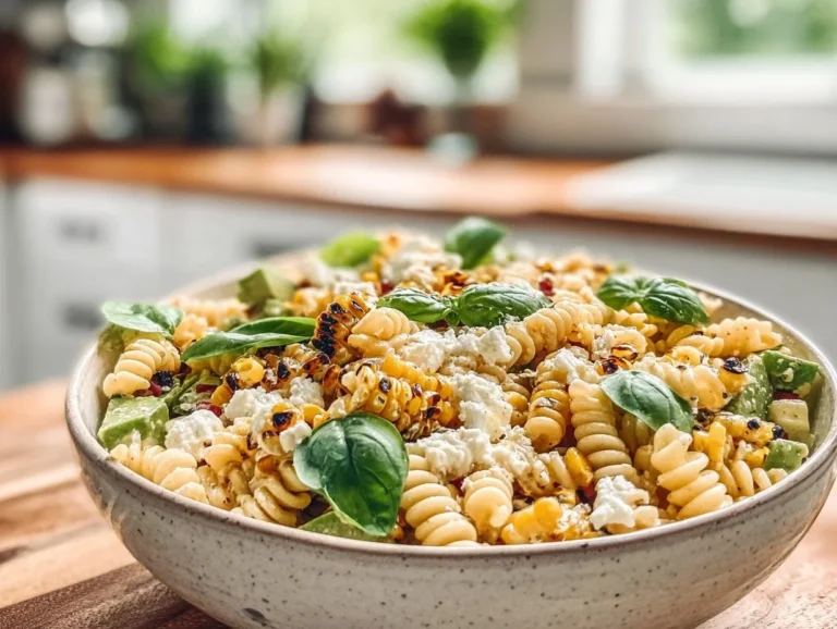 Juicy street corn pasta salad with fresh ingredients and colorful toppings.