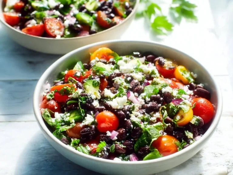 Mediterranean black bean salad topped with fresh herbs and feta cheese.