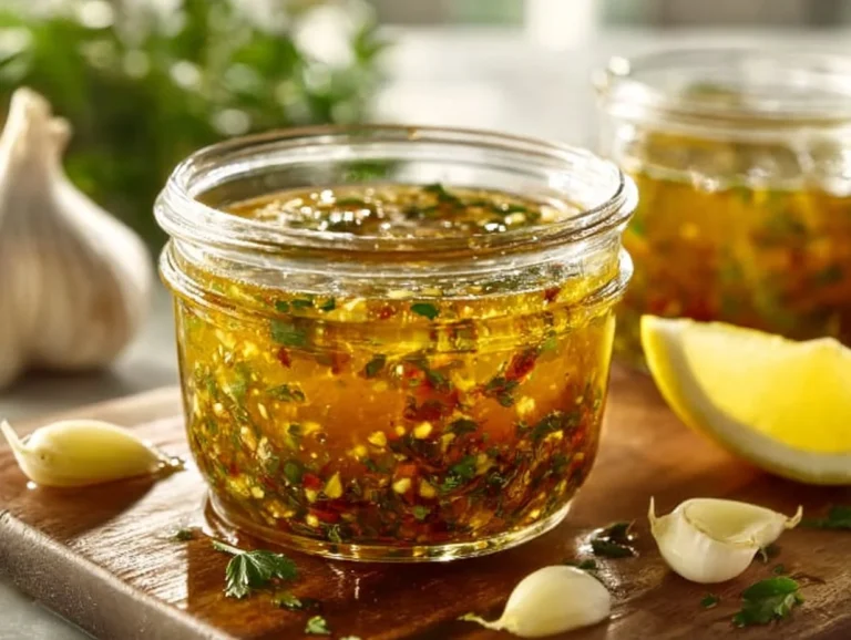 Mediterranean lemon garlic dressing in a bowl with fresh ingredients