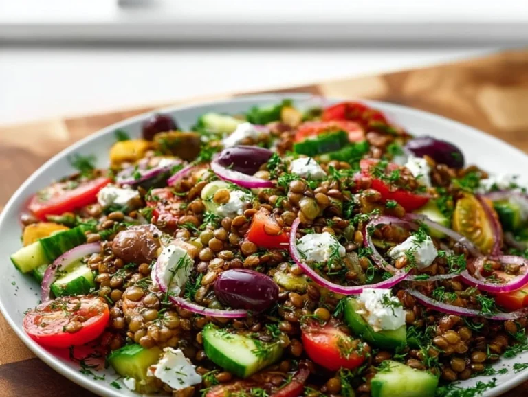 Bowl of vibrant Mediterranean lentil salad with fresh vegetables and herbs