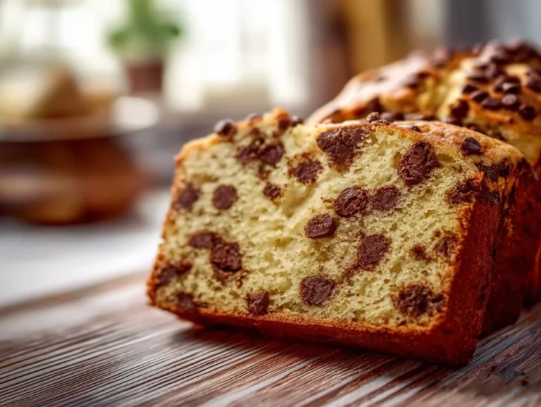 Moist chocolate chip bread fresh out of the oven, ideal for breakfast or dessert.