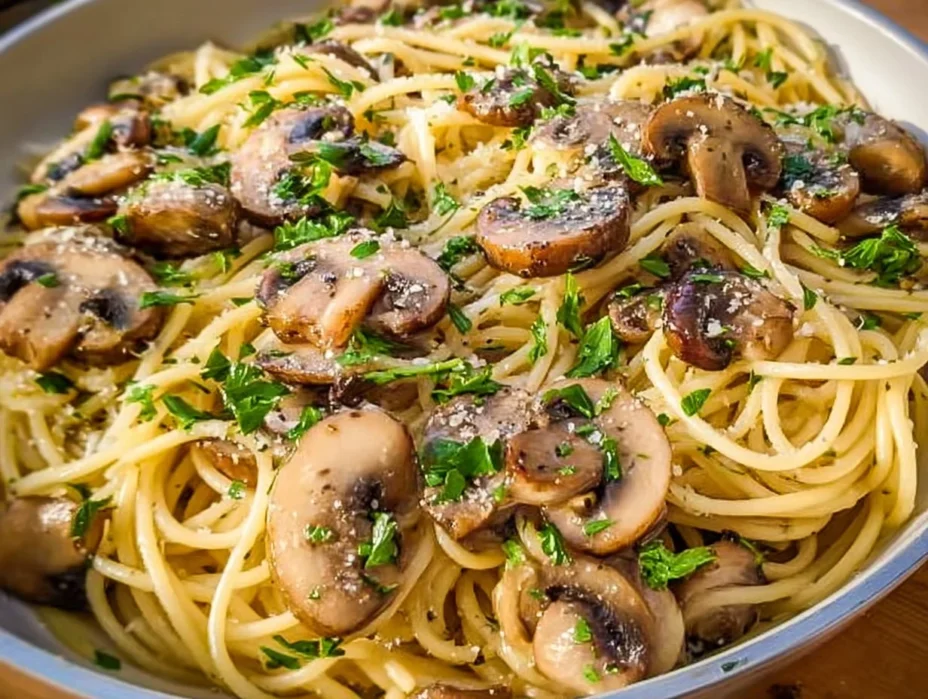 Serving of Mushroom Garlic Spaghetti with fresh parsley on top