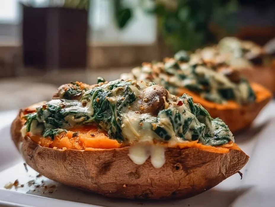 Mushroom spinach stuffed sweet potatoes on a plate, garnished with herbs.