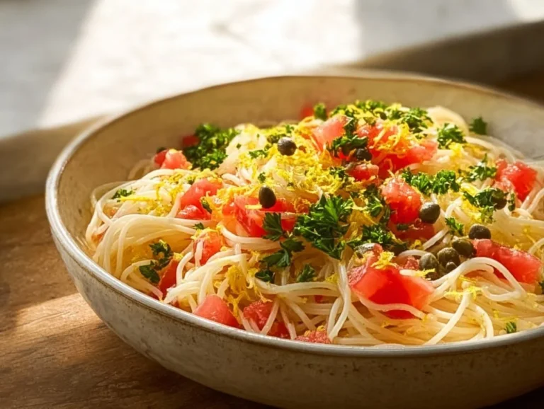 Pasta salad with capers, tomatoes, and fresh ingredients in a bowl