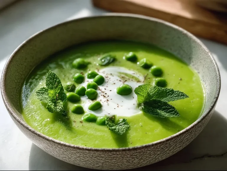 A bowl of vibrant Pea & Mint Soup garnished with fresh mint leaves.