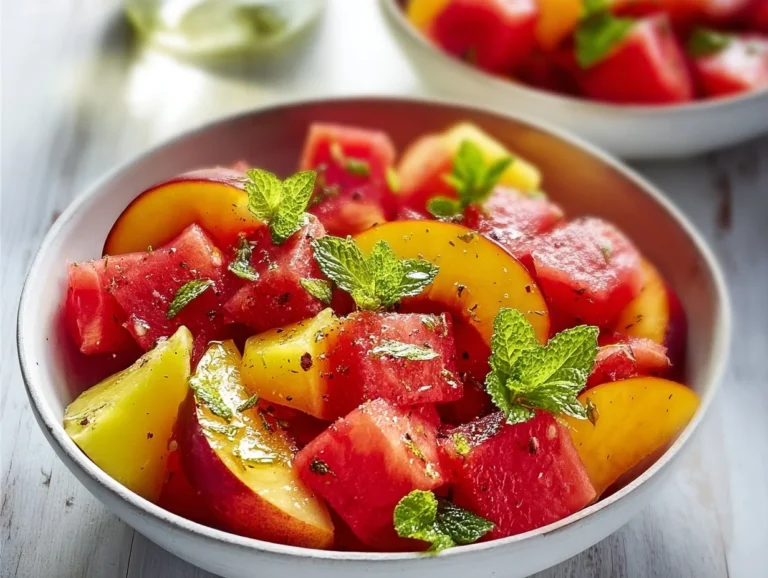 Colorful Peach Watermelon Salad with greens and dressing