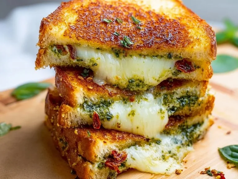Delicious pesto grilled cheese sandwich with melted cheese and fresh pesto