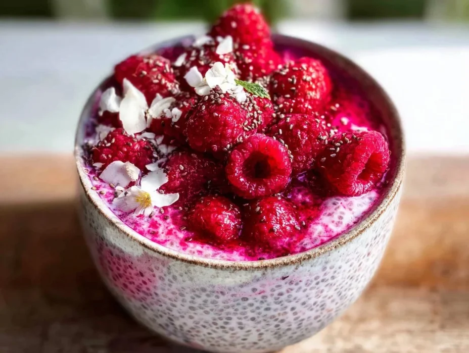 Delicious Raspberry Chia Pudding served in a glass with fresh raspberries on top