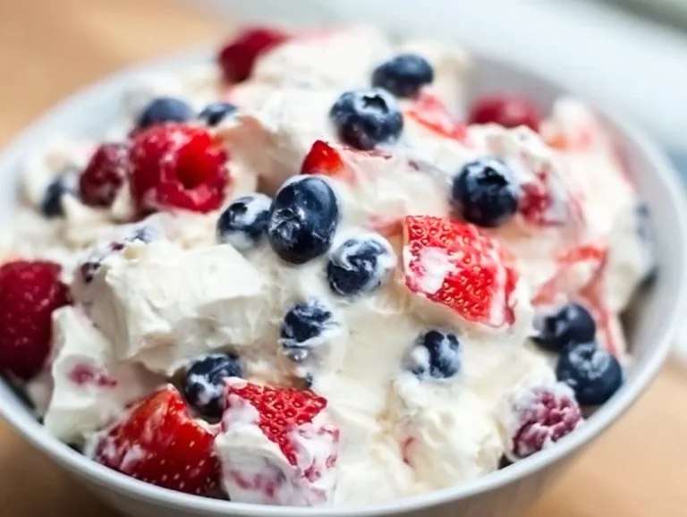 Red White and Blue Cheesecake Salad with berries and creamy layers