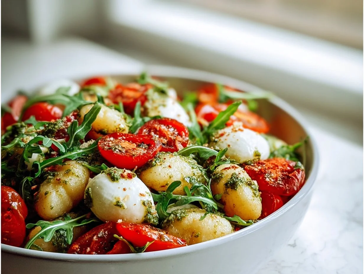 Roasted Gnocchi Salad with Basil Pesto, Tomatoes, Mozzarella, and Arugula