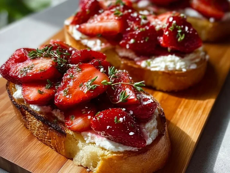 Roasted strawberry whipped ricotta toast on a rustic plate.