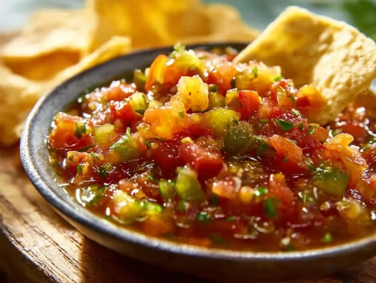 Bowl of roasted tomato and tomatillo salsa with fresh herbs
