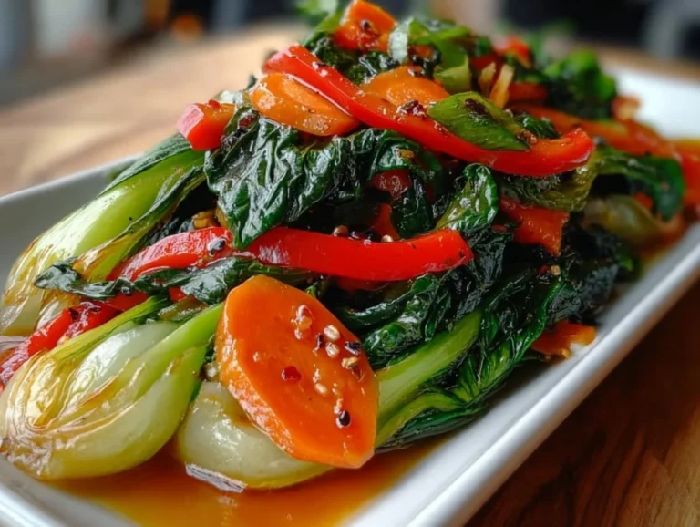 A vibrant plate of sautéed bok choy with carrots and peppers