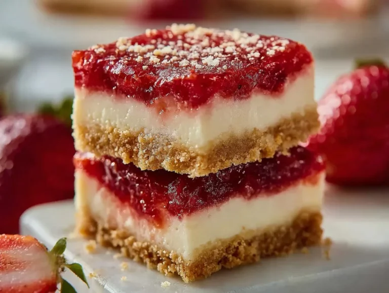 Strawberry shortcake cheesecake bars topped with fresh strawberries and whipped cream