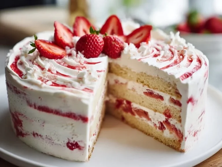 Delicious Strawberry Shortcake Layer Cake with fresh strawberries and whipped cream