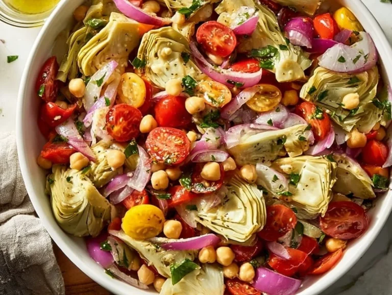 Tuscan Artichoke Tomato Salad featuring fresh ingredients and vibrant colors