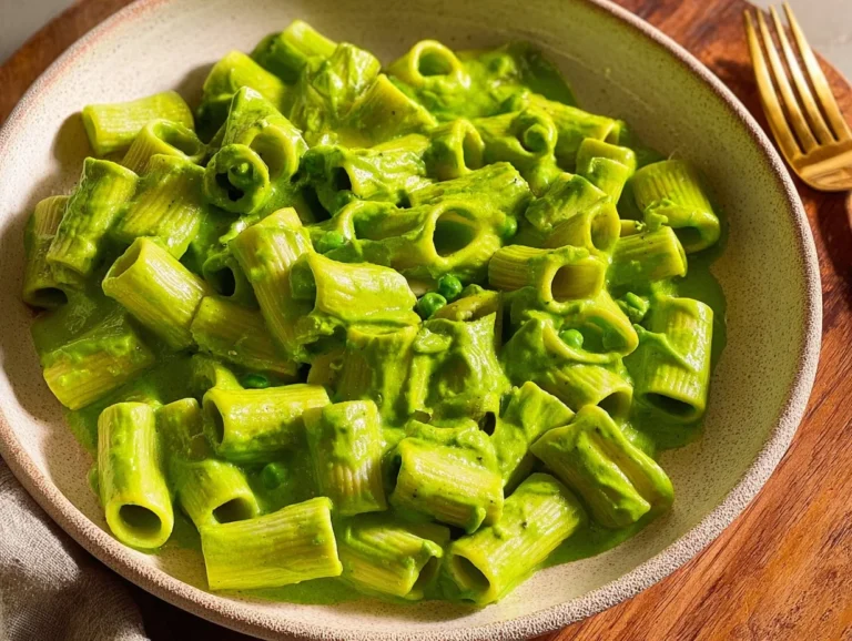 A plate of Vegan Spinach Garlic Pasta garnished with fresh basil and garlic.