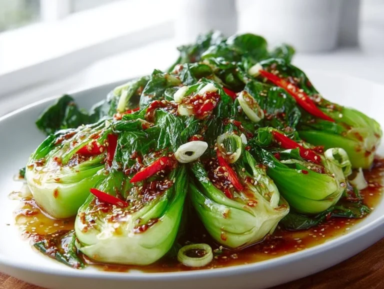 Vibrant Bok Choy drizzled with zesty ginger chili sauce