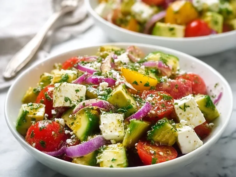 A vibrant bowl of zesty Mediterranean avocado salad with fresh vegetables and herbs.