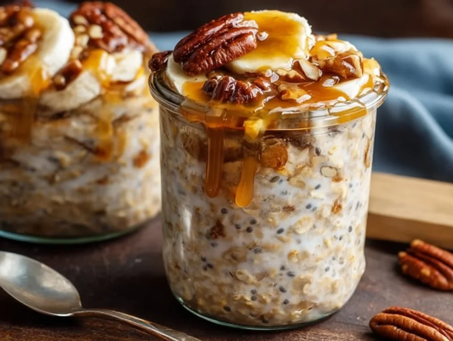 Delicious banana bread overnight oats in a bowl with fresh bananas and nuts