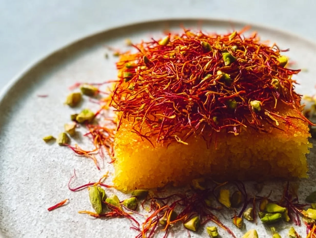 Saffron Pistachio Basbousa