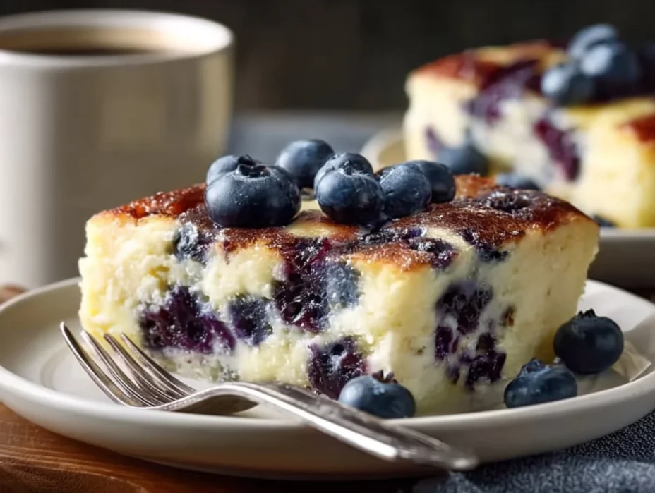 Blueberry Cottage Cheese Breakfast Bake served in a dish with fresh blueberries