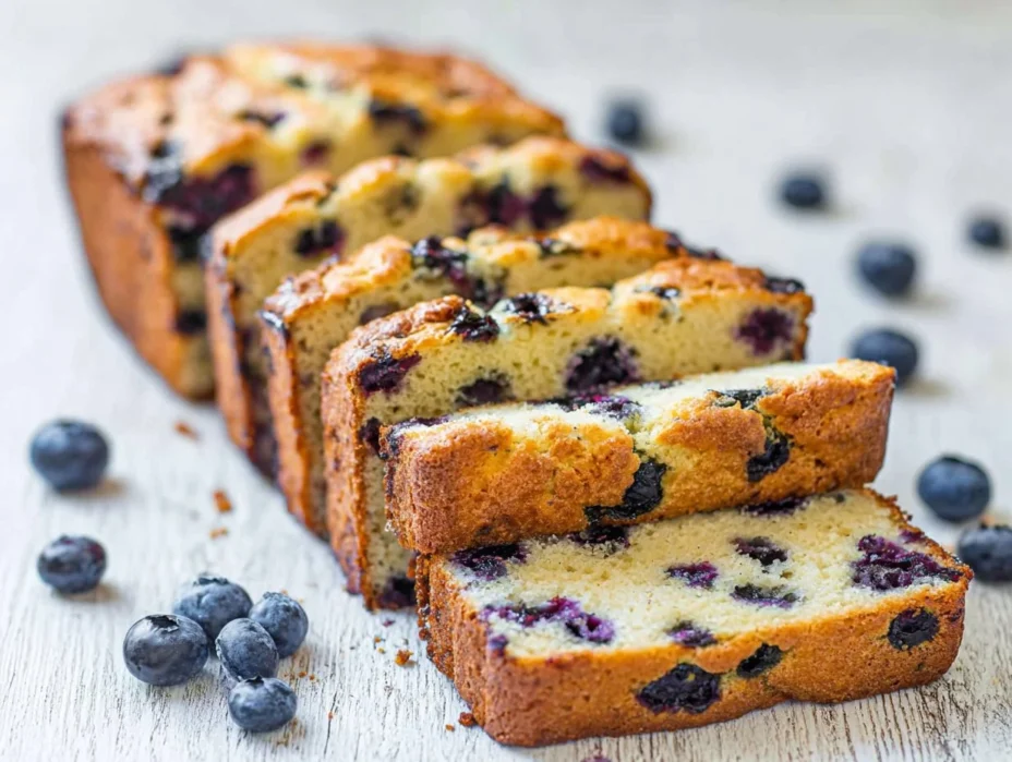 Sliced blueberry zucchini bread displayed on a wooden board