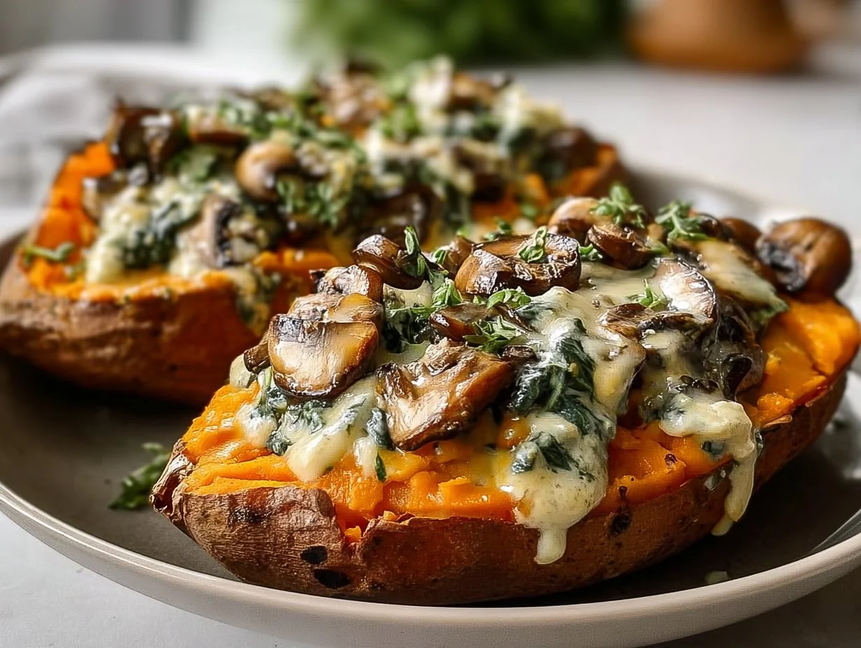 Creamy Mushroom Stuffed Sweet Potatoes
