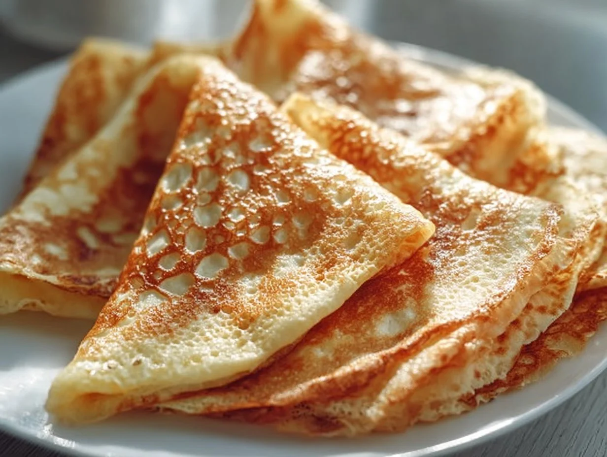 High-protein cottage cheese crepes served with fresh fruit and syrup