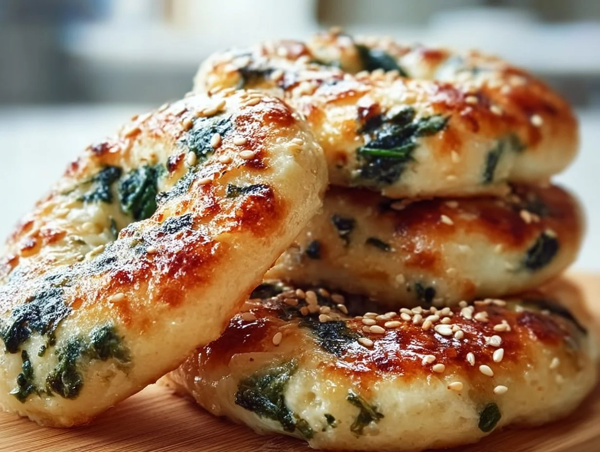 Spinach Cottage Cheese Flat Bagels stacked on a plate