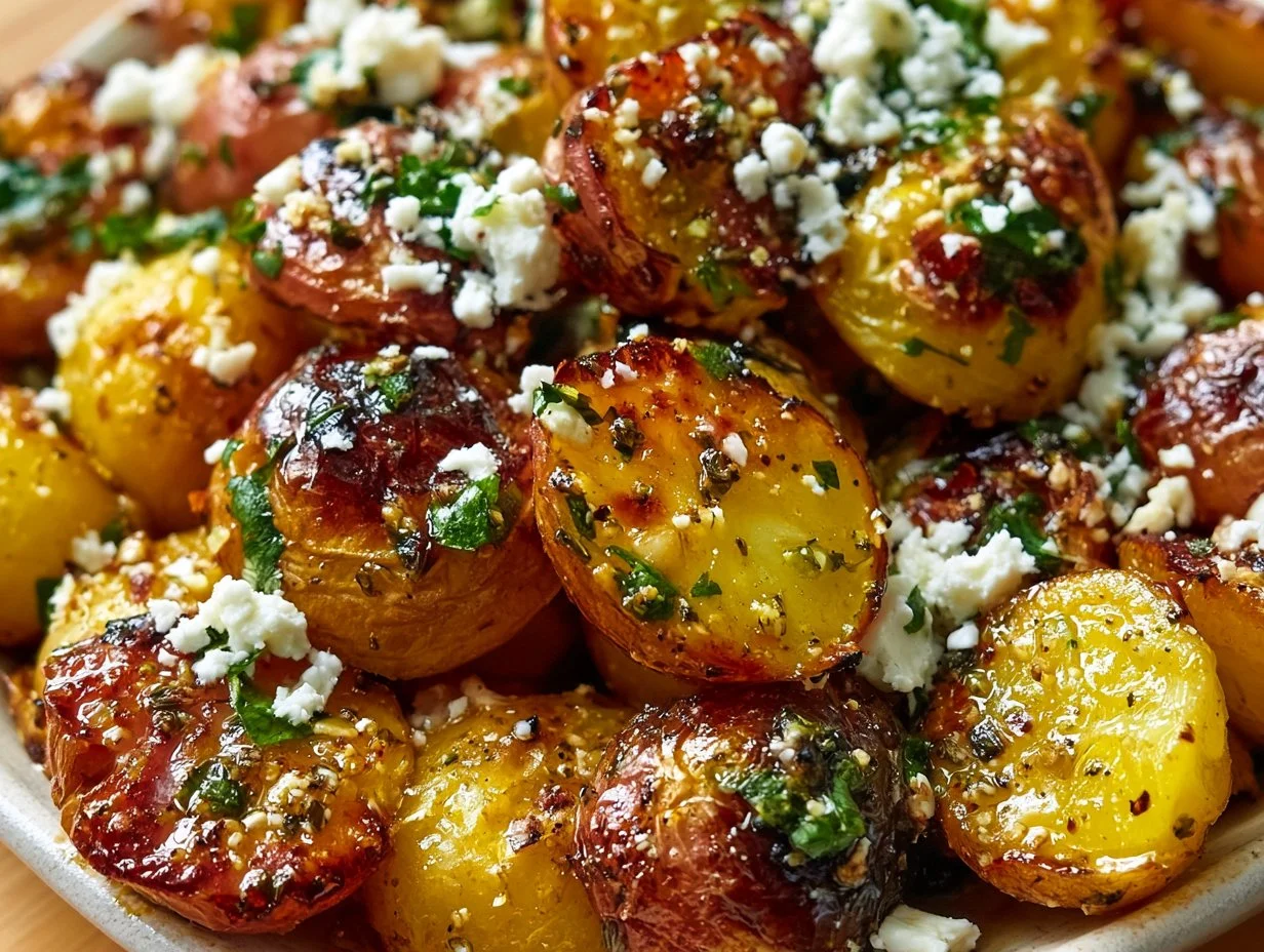 Roasted potatoes topped with Greek lemon feta for a flavorful side dish.