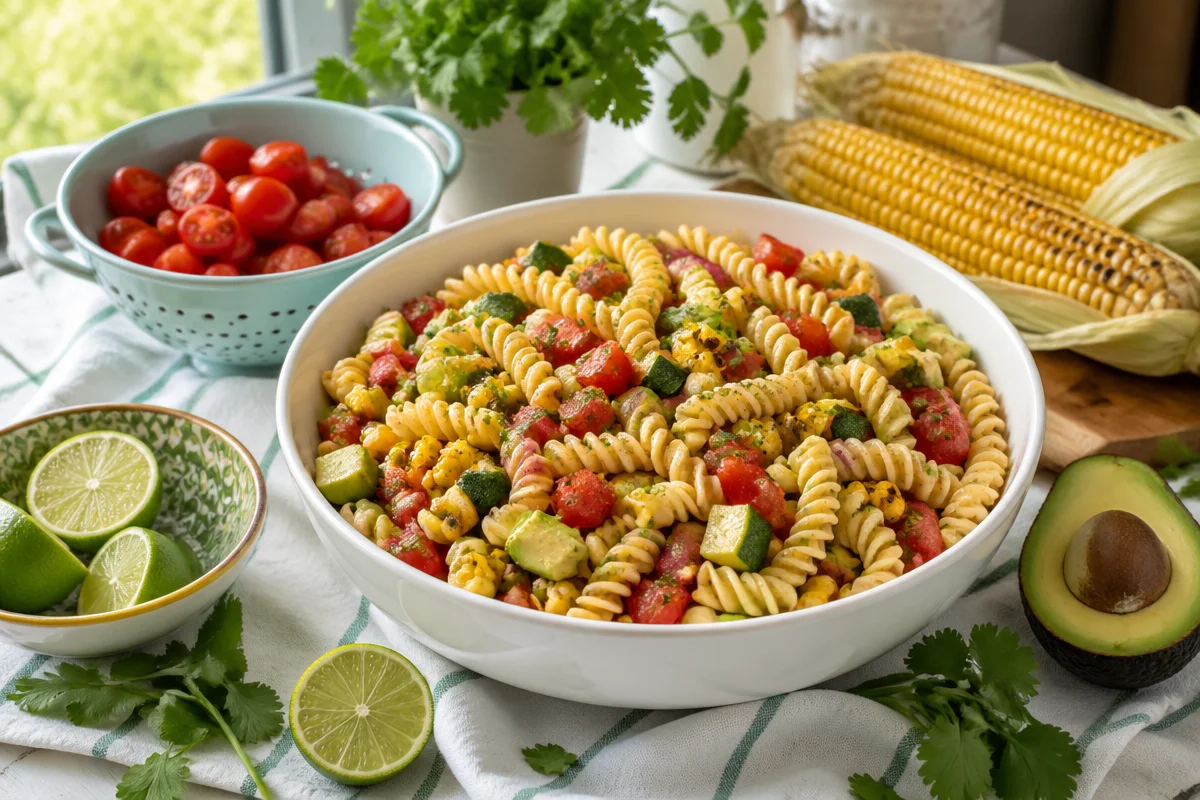 Grilled Corn Pasta Salad with Avocado, Zucchini & Spicy Hot Lime Dressing