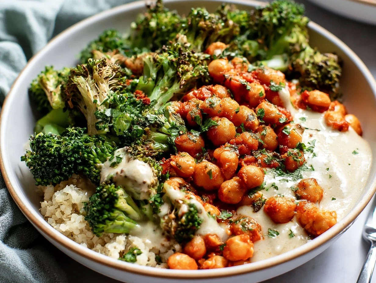Harissa Chickpea and Broccoli Bowls with Creamy Garlic Sauce