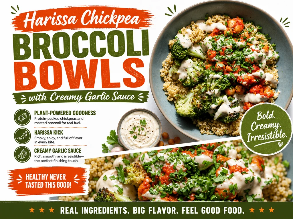 Harissa Chickpea and Broccoli Bowls with Creamy Garlic Sauce