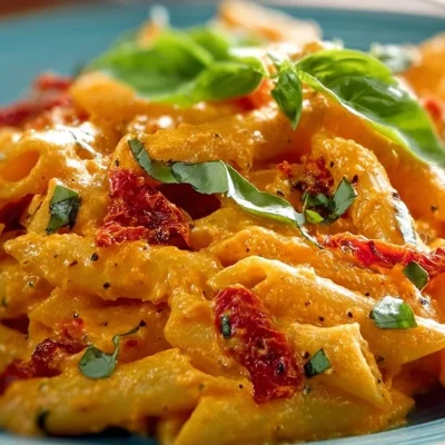 A bowl of creamy tomato ricotta pasta garnished with fresh basil