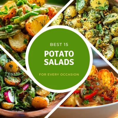 Variety of creative potato salad recipes displayed in colorful bowls