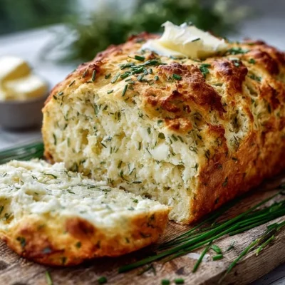 Freshly baked 2-ingredient cottage cheese bread on a wooden cutting board.